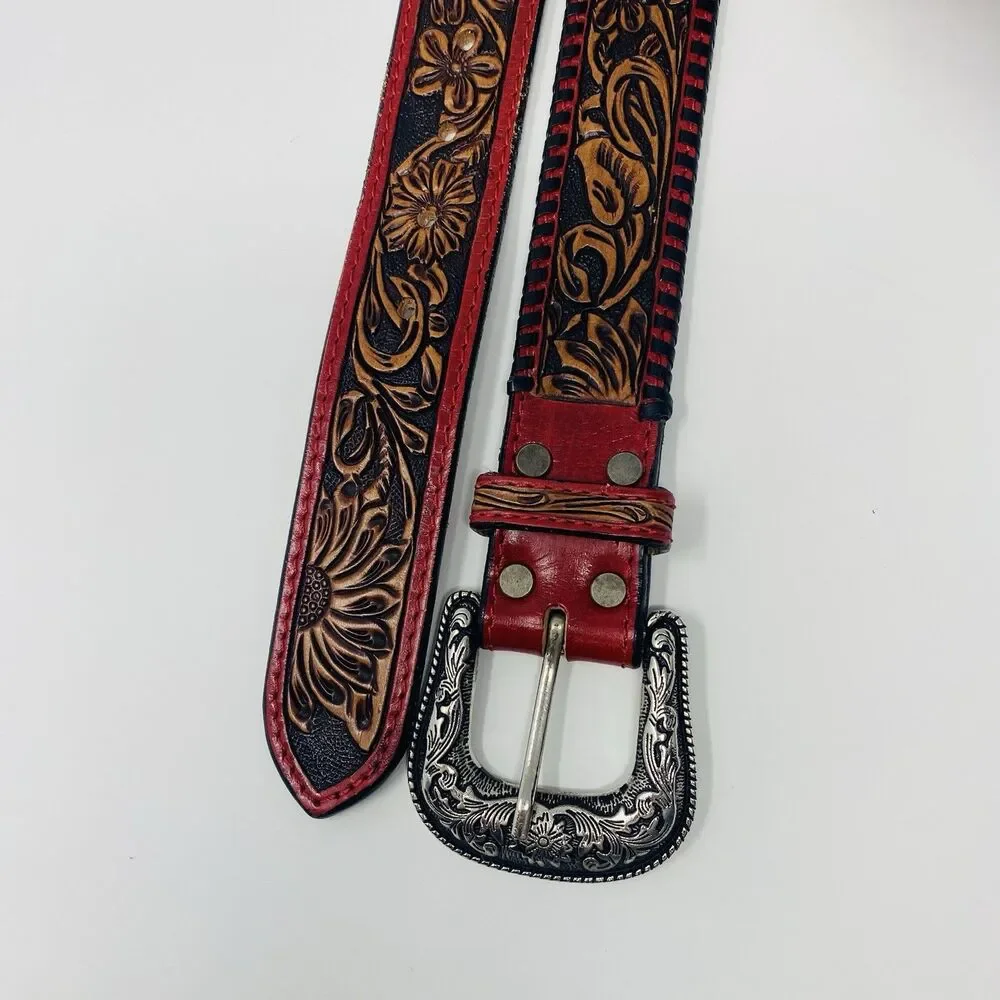American Darling 44 Red Floral Hand Tooled Leather Belt Western Unisex USA Rodeo